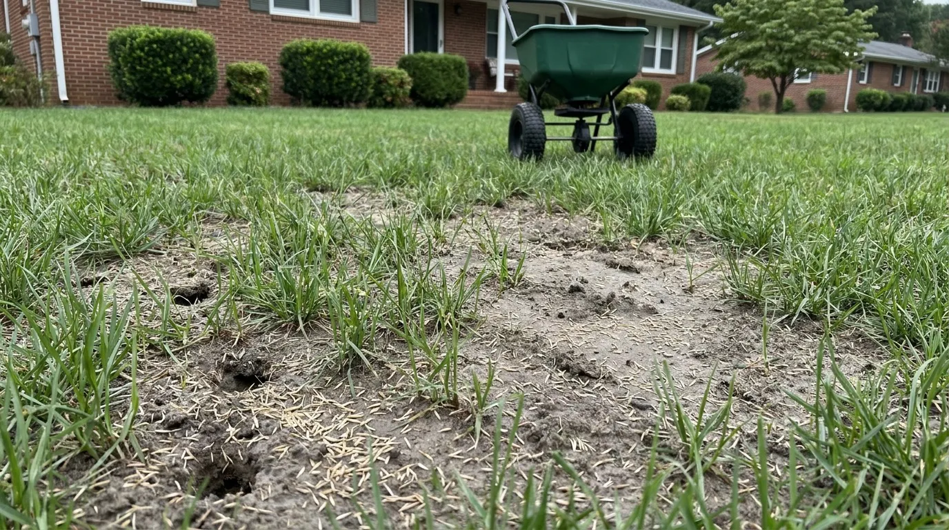 Homeowner's hands cupping turf-type tall fescue seed above green lawn showing overseeding rate for North Carolina fescue.