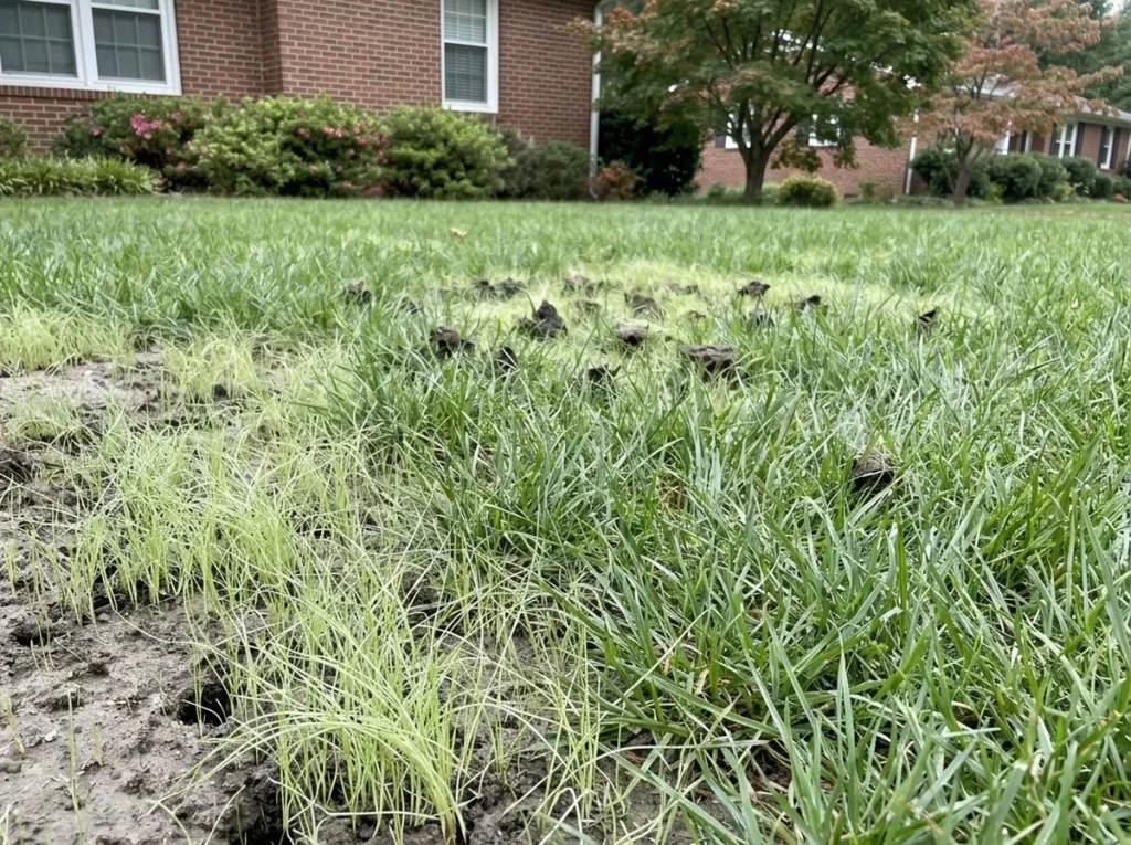 Close-up of new tall fescue seedlings emerging through fall soil with visible aeration core seven days after North Carolina overseed.