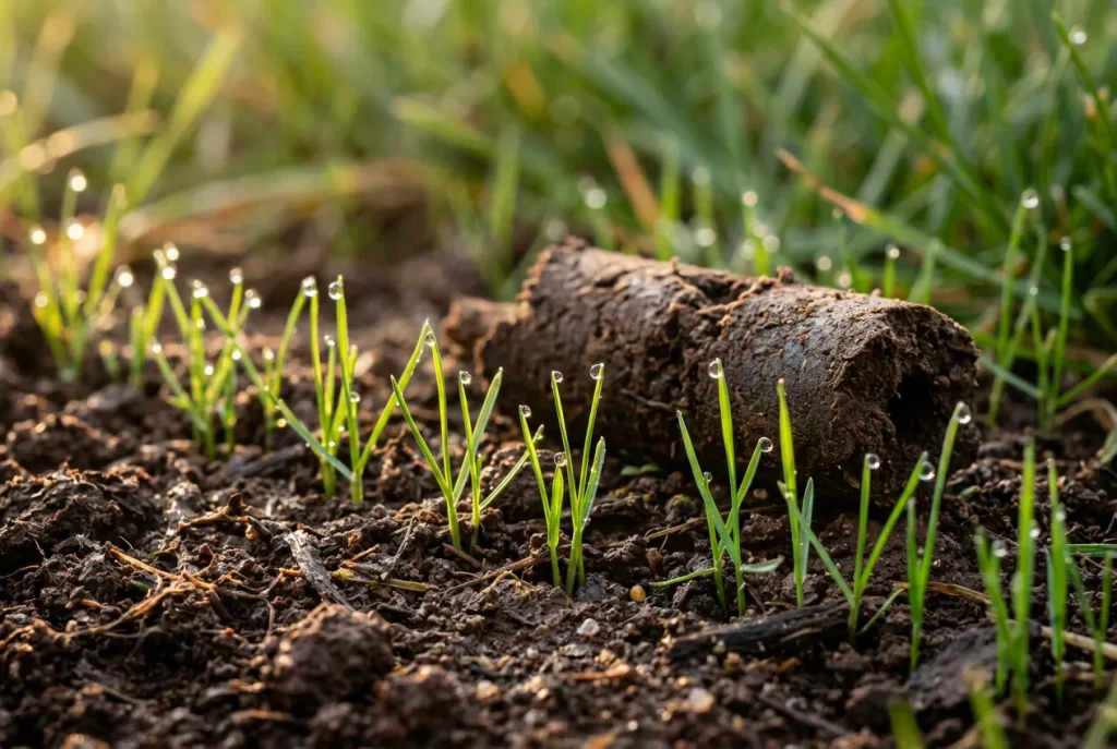 Close-up of new tall fescue seedlings emerging through fall soil with visible aeration core seven days after North Carolina overseed.