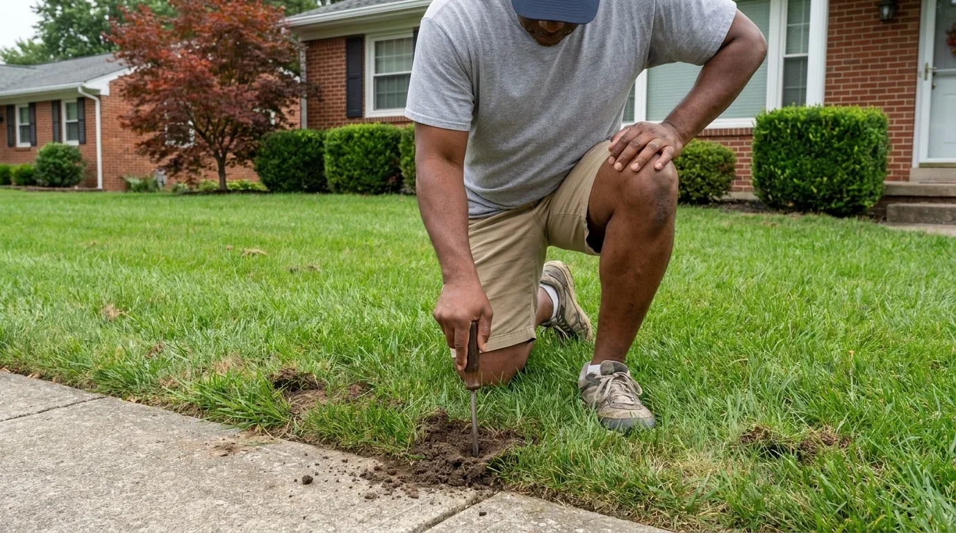 Homeowner performing screwdriver test to check soil compaction on a central North Carolina tall fescue lawn.