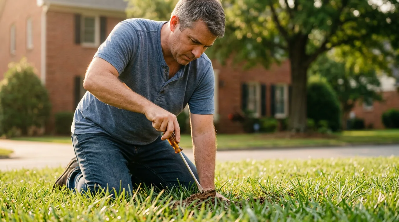 Homeowner performing screwdriver test to check soil compaction on a central North Carolina tall fescue lawn.