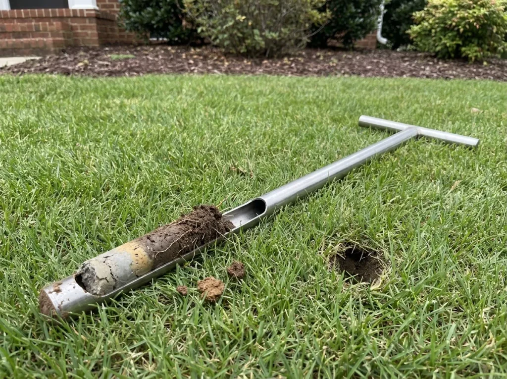 Close-up of a soil core pulled from a central North Carolina lawn, showing a clear layer transition between topsoil and compacted clay below.