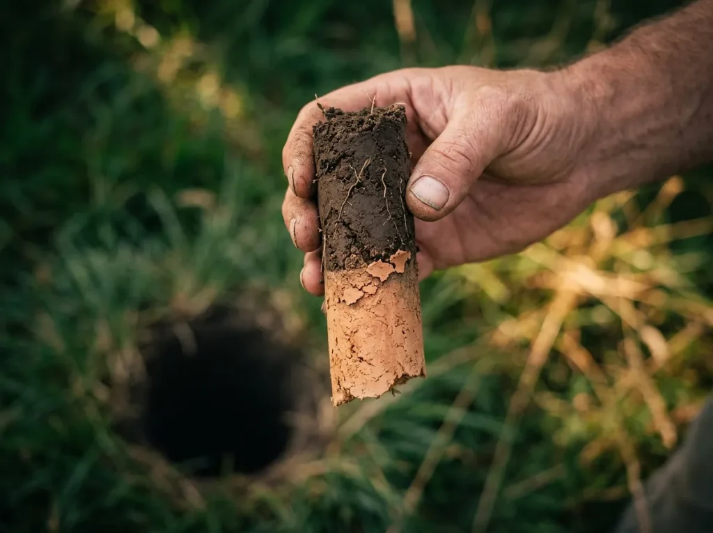 Close-up of a soil core pulled from a central North Carolina lawn, showing a clear layer transition between topsoil and compacted clay below.