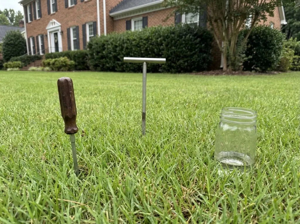 Three DIY tools for testing soil compaction at home, a screwdriver, a stainless soil probe, and a mason jar, arranged on a central North Carolina lawn.
