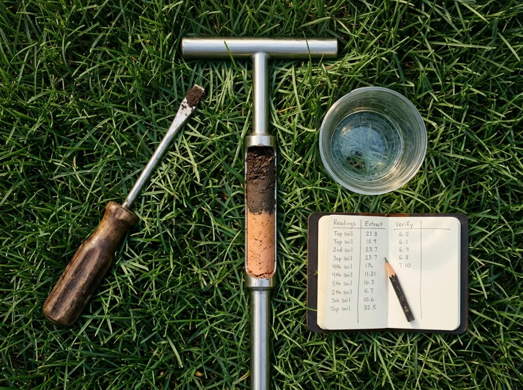Three DIY tools for testing soil compaction at home, a screwdriver, a stainless soil probe, and a mason jar, arranged on a central North Carolina lawn.