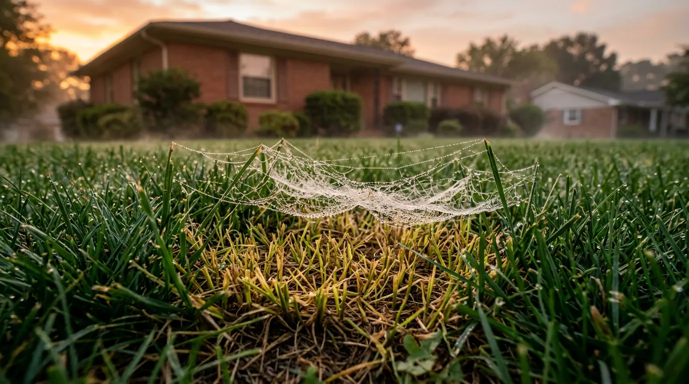 Sod webworm silk webbing shimmering in dawn dew across a tall fescue lawn in central North Carolina during August peak damage window