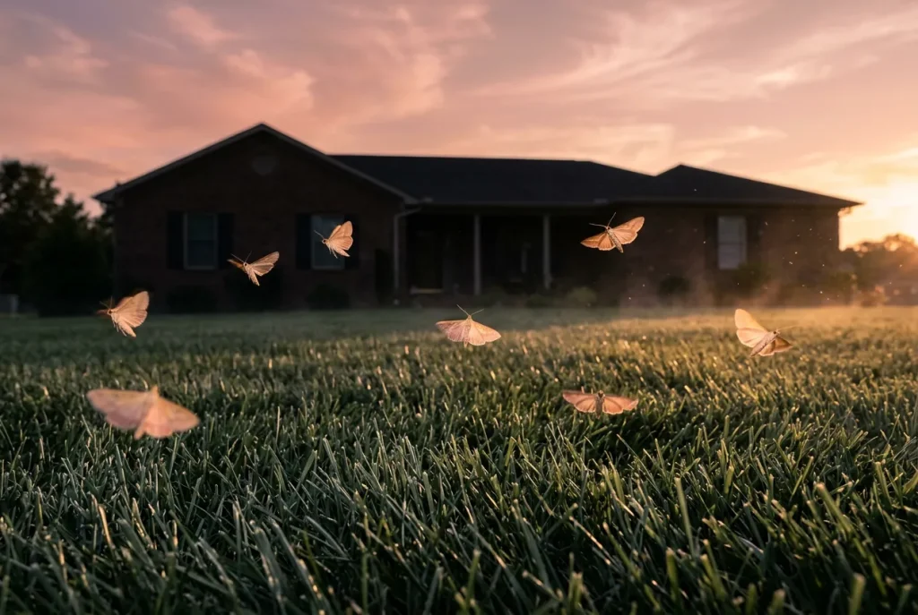 Sod webworm moths flying in nervous zig-zag pattern just above tall fescue canopy at dusk over a North Carolina residential lawn during August