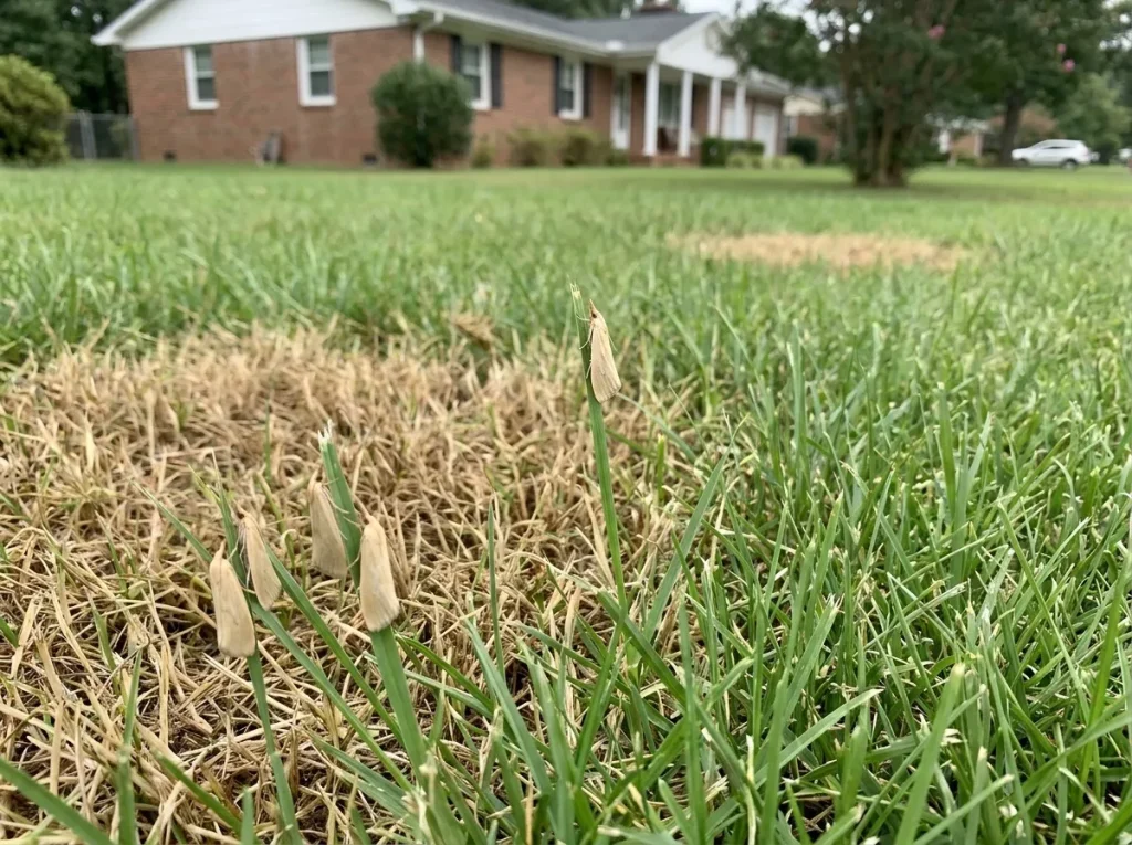 Sod webworm moths flying in nervous zig-zag pattern just above tall fescue canopy at dusk over a North Carolina residential lawn during August