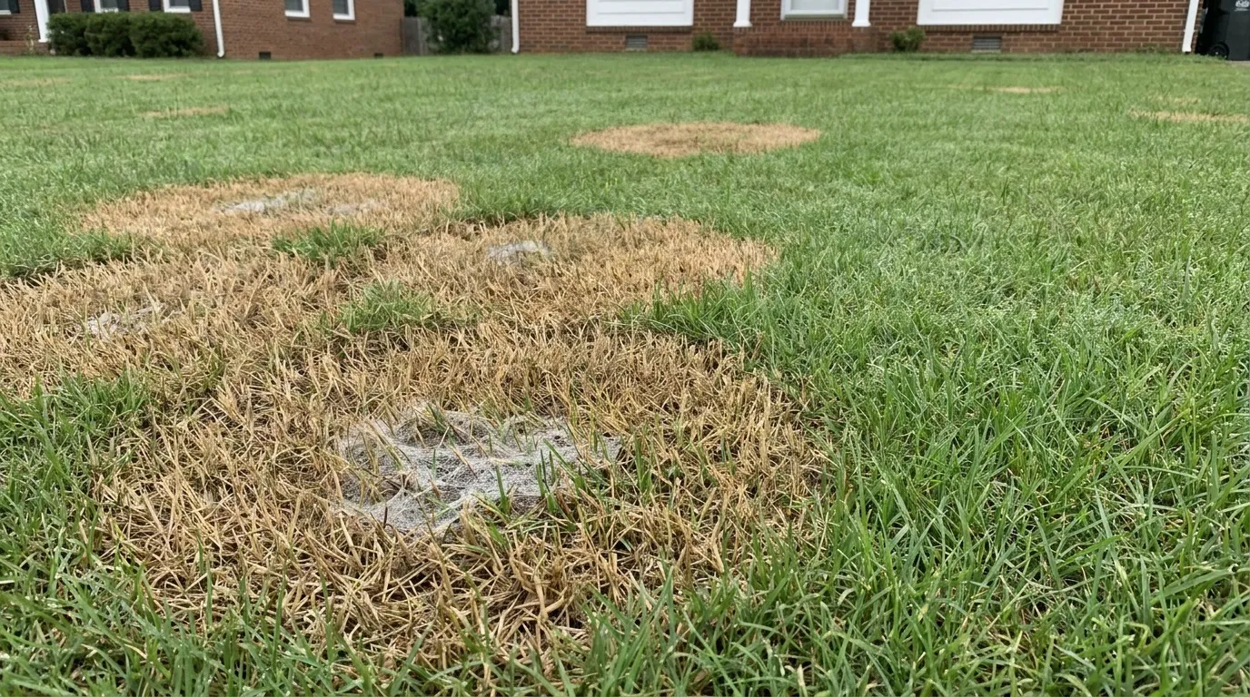 Sod webworm silk webbing shimmering in dawn dew across a tall fescue lawn in central North Carolina during August peak damage window