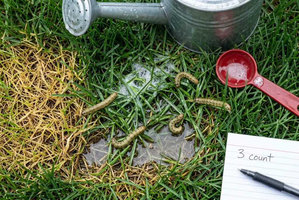 Sod webworm caterpillars surfacing from thatch during a homeowner soap flush test at the edge of a damaged patch on a North Carolina lawn