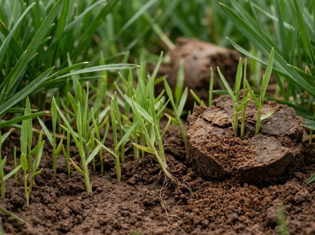 Close-up of new tall fescue seedlings at mowing height beside a broken-down aeration core on day fourteen after overseeding.