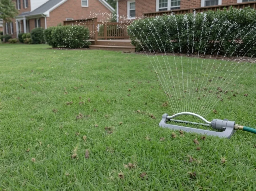 Oscillating sprinkler running a short morning cycle over a freshly aerated and overseeded North Carolina fescue lawn.