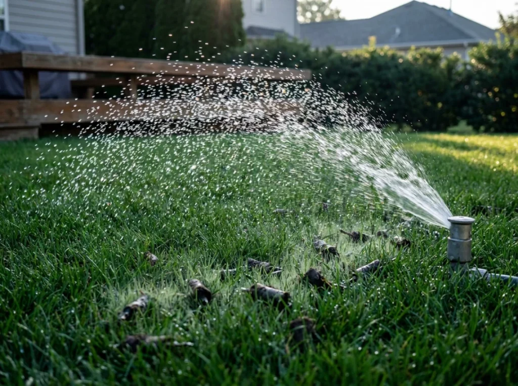 Oscillating sprinkler running a short morning cycle over a freshly aerated and overseeded North Carolina fescue lawn.