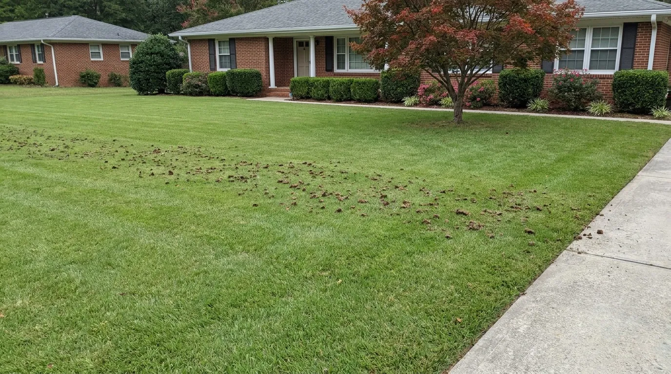 Mowed green lawn with a band of small soil cores from core aeration breaking down into the grass beside a driveway