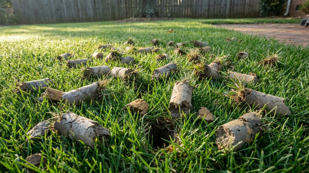 Freshly pulled soil cores scattered across a North Carolina tall fescue lawn on day one of post-aeration lawn care.