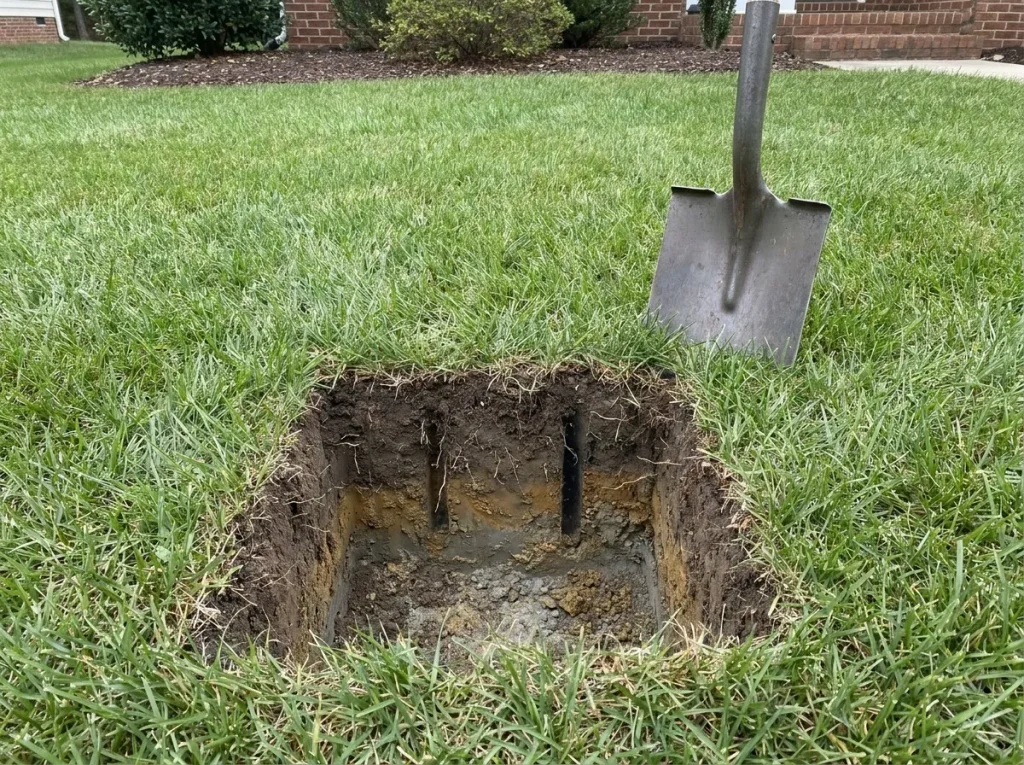 Macro view of a hollow tine core aeration plug held above an open hole showing compacted North Carolina clay layers below the turf surface.