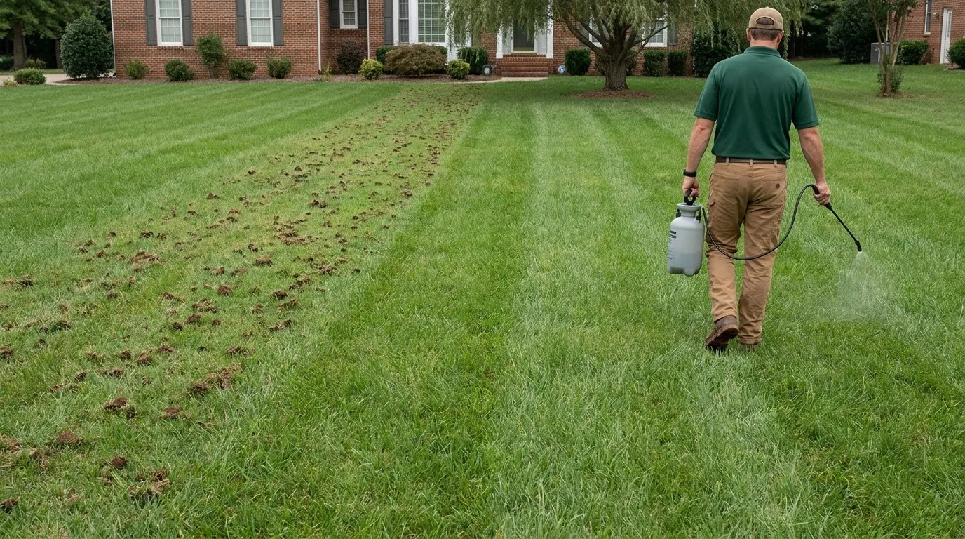 Core aeration plugs beside a liquid aeration sprayer on a North Carolina tall fescue lawn comparing both lawn aeration methods on clay soil.
