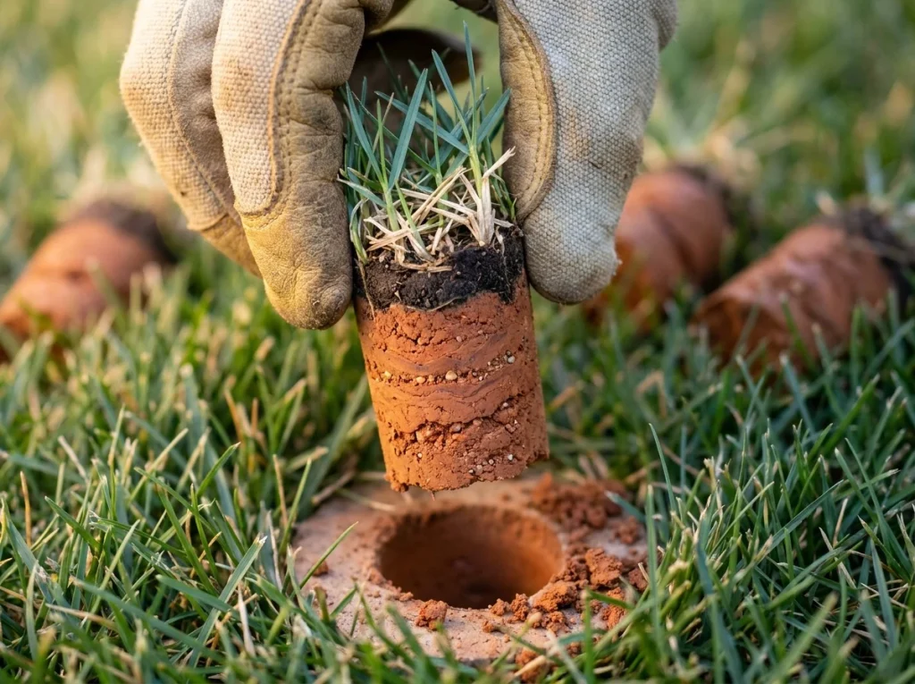 Macro view of a hollow tine core aeration plug held above an open hole showing compacted North Carolina clay layers below the turf surface.