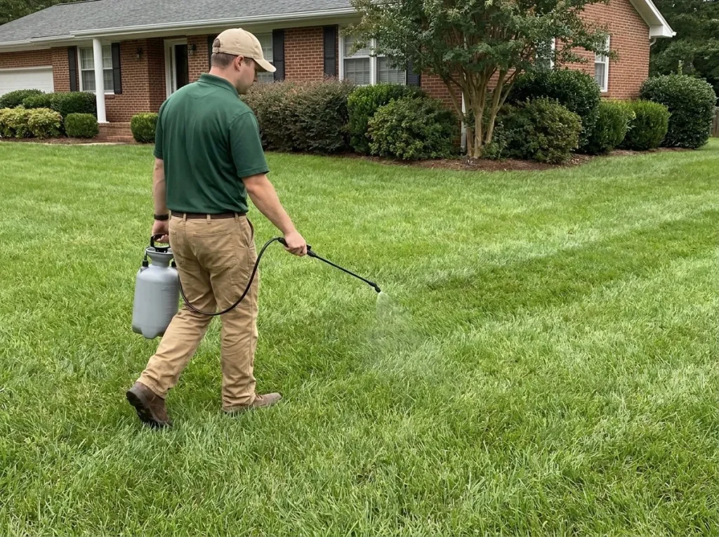 Technician applying liquid soil conditioner with a calibrated sprayer across a North Carolina lawn as a supporting input between core aeration cycles.