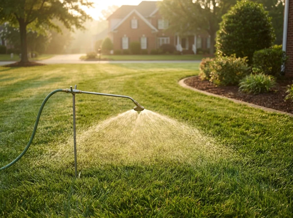 Technician applying liquid soil conditioner with a calibrated sprayer across a North Carolina lawn as a supporting input between core aeration cycles.