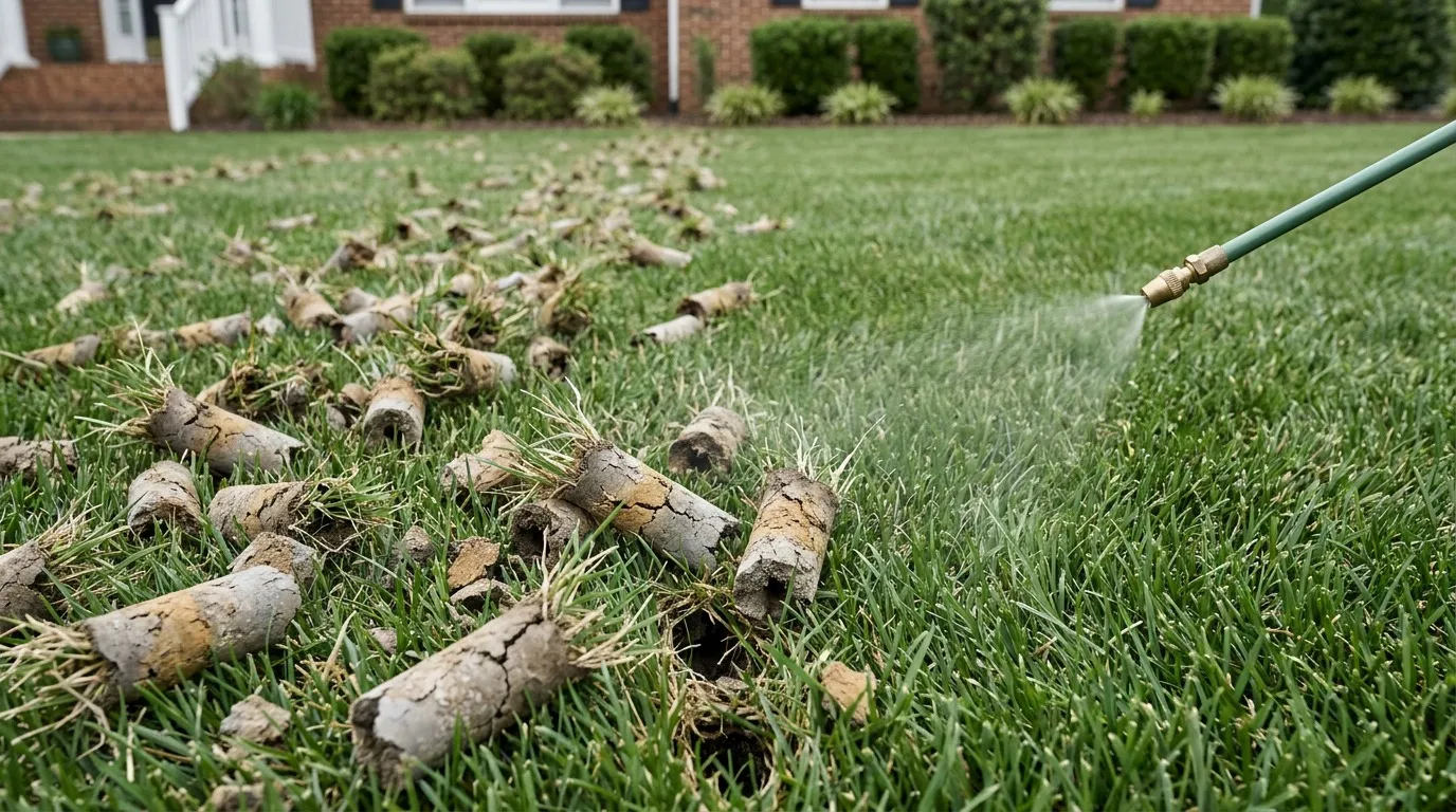 Core aeration plugs beside a liquid aeration sprayer on a North Carolina tall fescue lawn comparing both lawn aeration methods on clay soil.