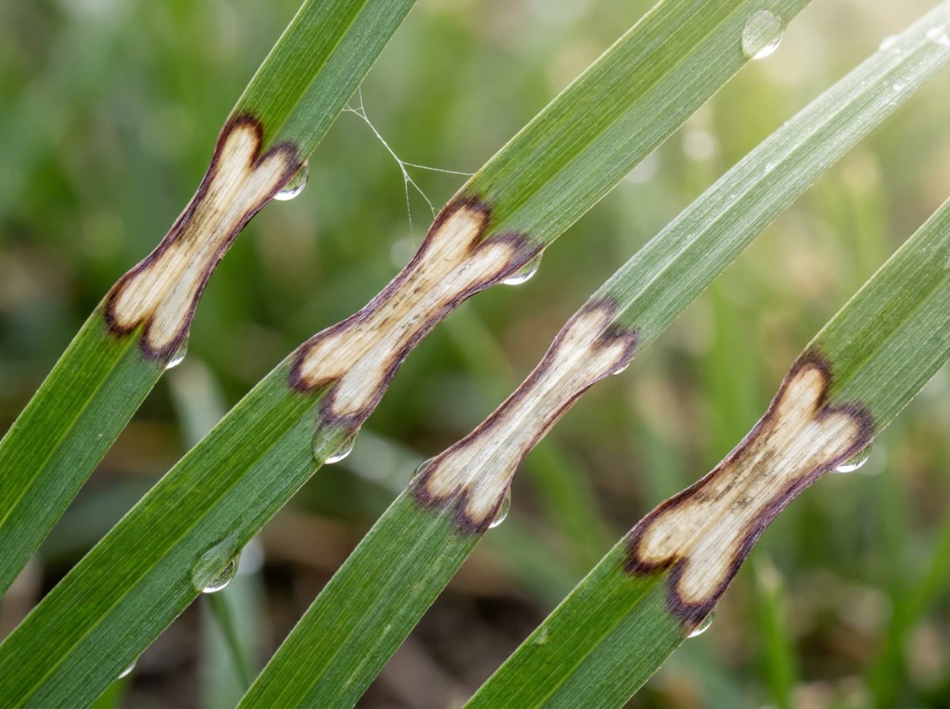 Macro close-up of dollar spot hourglass lesion on a grass blade with tan center and reddish-brown borders on NC fescue