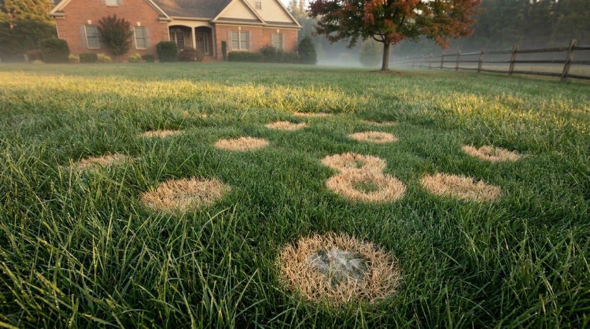 Dollar spot lawn disease showing bleached silver-dollar-sized circles on North Carolina tall fescue at dawn with heavy dew