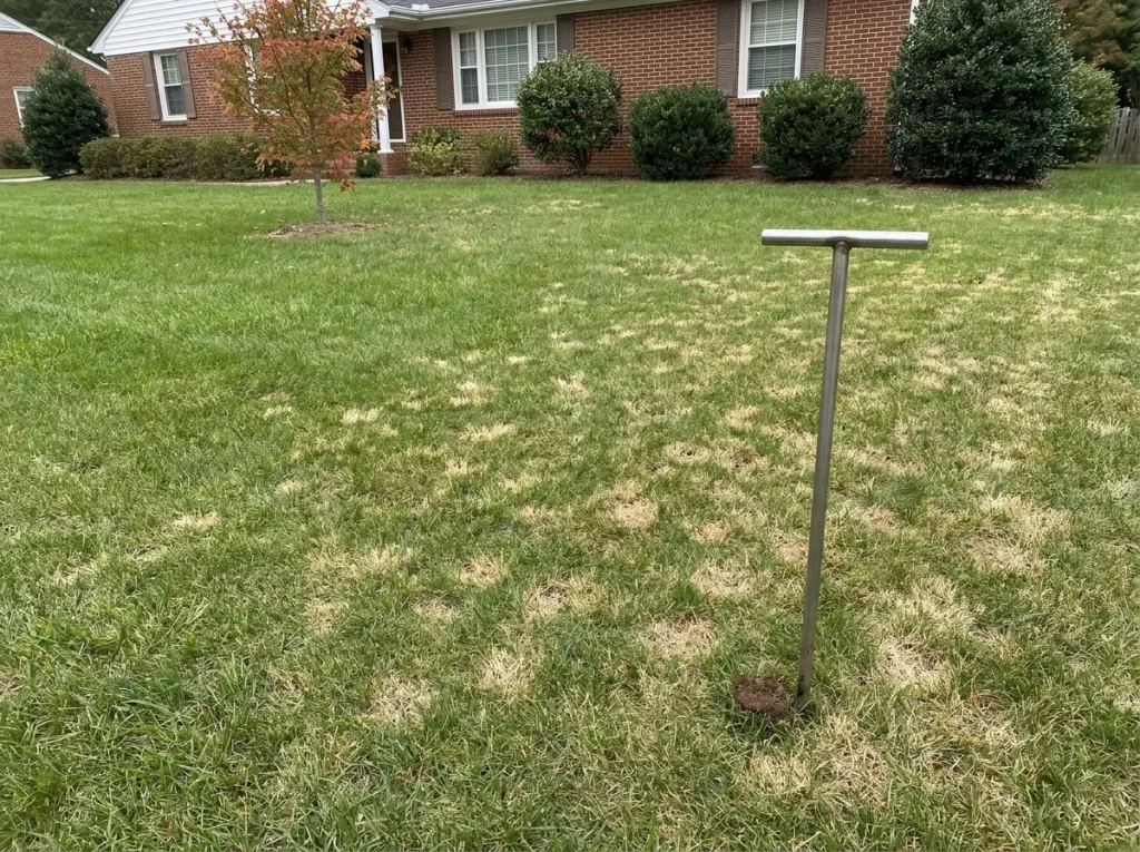 Nature's Select specialist inspecting dollar spot mycelium on a North Carolina lawn at dawn with hand lens and soil probe