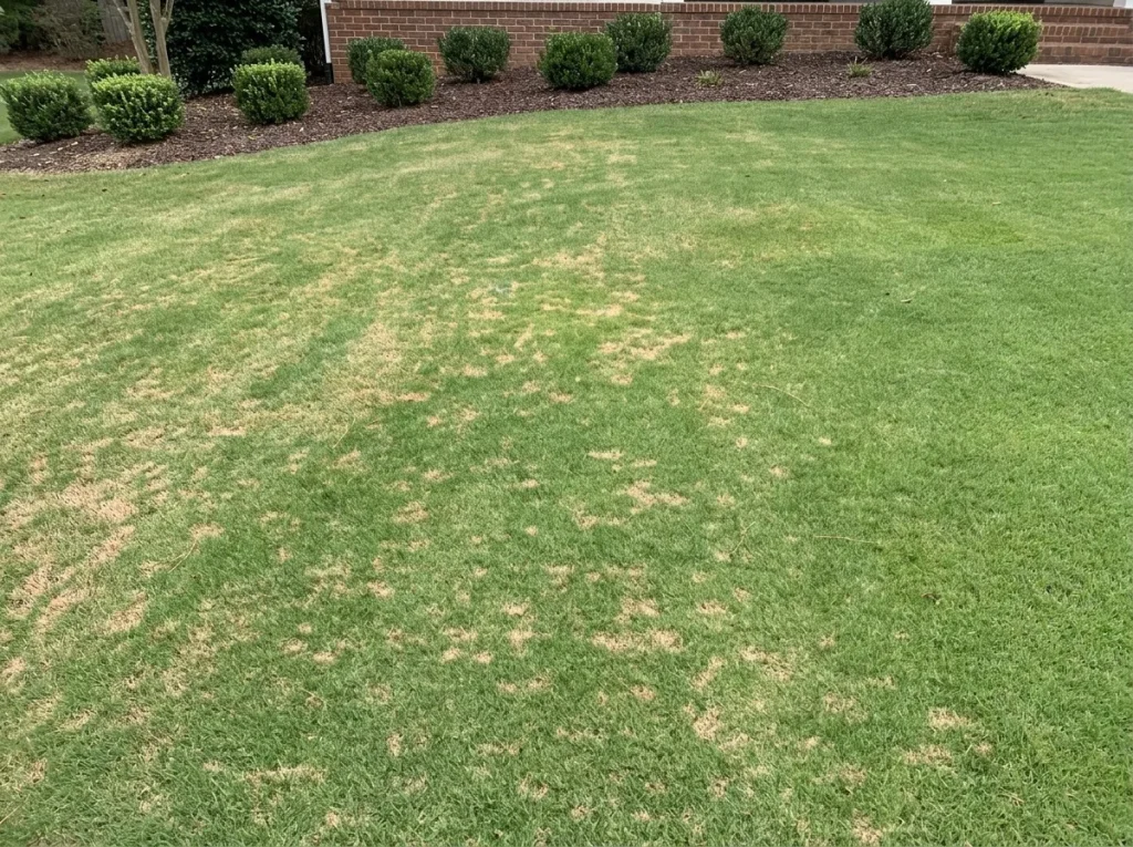 Macro close-up of dollar spot hourglass lesion on a grass blade with tan center and reddish-brown borders on NC fescue