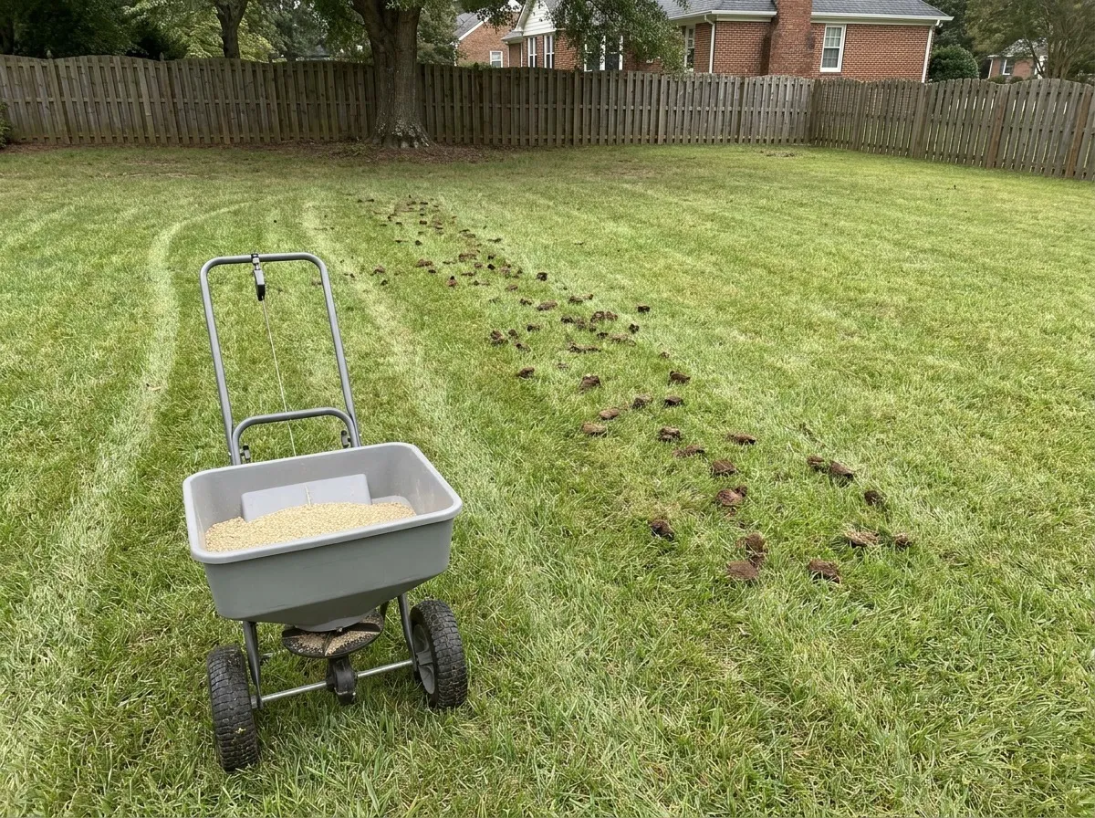 Lawn technician walking a broadcast spreader across a freshly aerated tall fescue lawn during the North Carolina fall overseeding window.