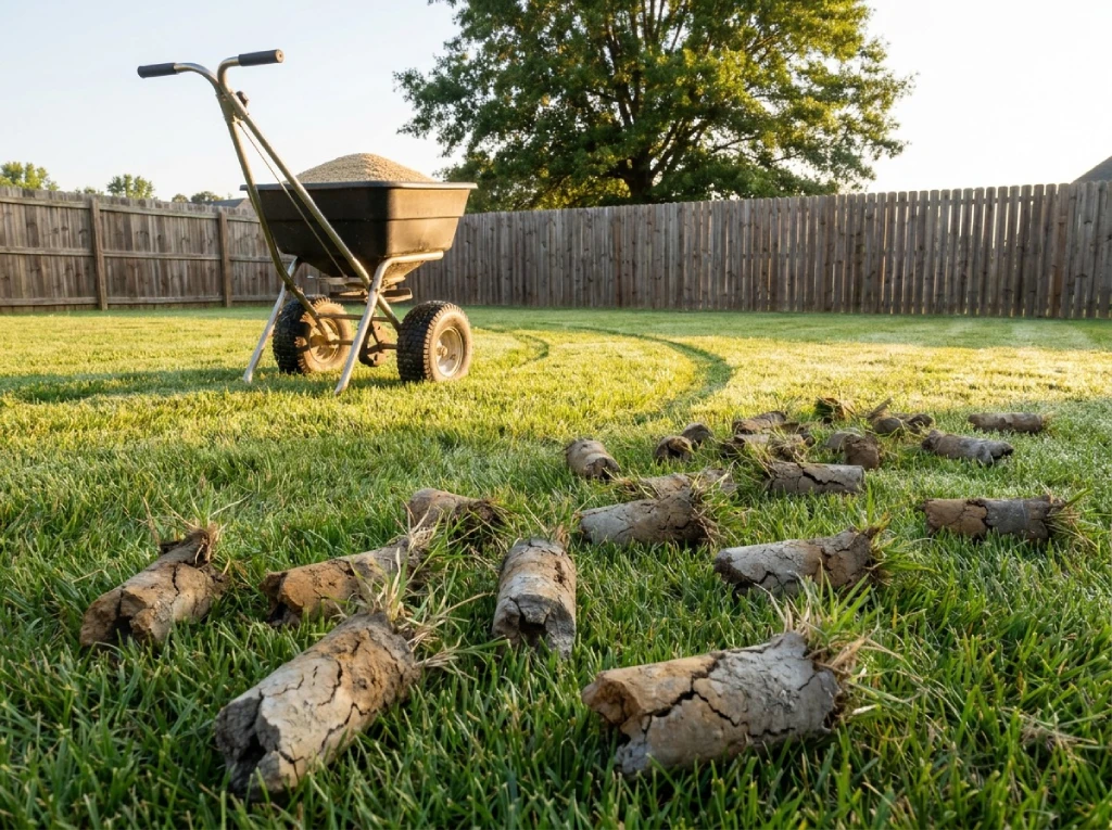 Lawn technician walking a broadcast spreader across a freshly aerated tall fescue lawn during the North Carolina fall overseeding window.