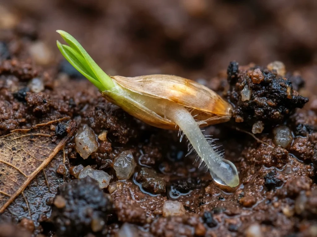 Macro view of a germinating tall fescue seed sending a white root radicle into dark North Carolina soil during fall overseeding.