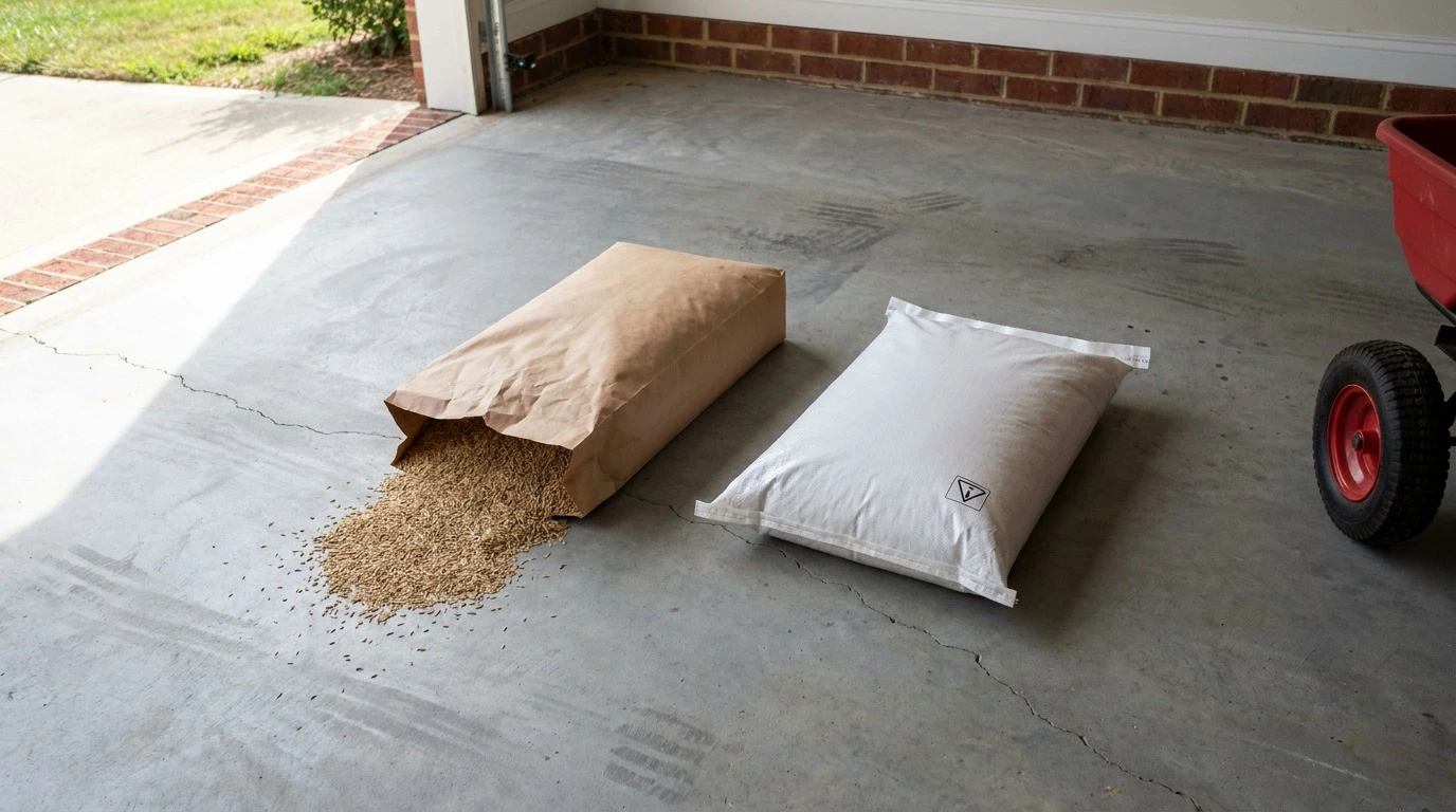 Grass seed bag and pre-emergent herbicide bag side by side on a garage floor showing the fall overseeding and pre-emergent conflict in North Carolina.